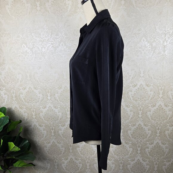 Mango Size XS Black Button Down Shirt Long Sleeve Chest Pocket Rounded Hem - Picture 5 of 10